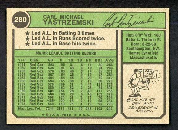 1974 Topps Baseball #280 Carl Yastrzemski Red Sox NR-MT 504085