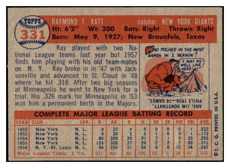 1957 Topps Baseball #331 Ray Katt Giants GD-VG 504212