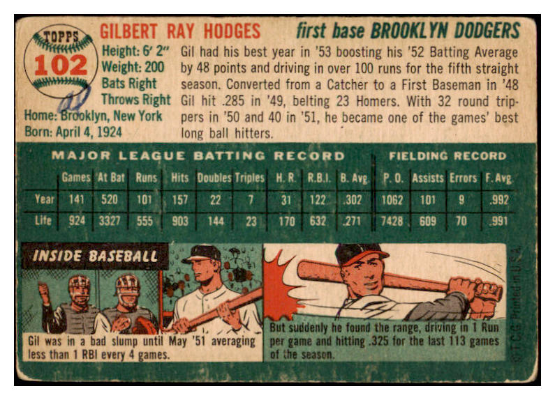 1954 Topps Baseball #102 Gil Hodges Dodgers VG 504357