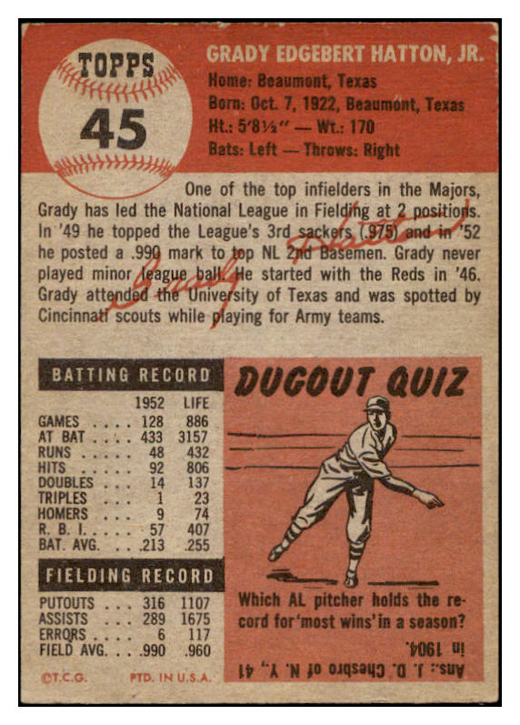 1953 Topps Baseball #045 Grady Hatton Reds EX+/EX-MT 504426