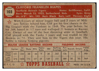 1952 Topps Baseball #103 Cliff Mapes Tigers VG 504437