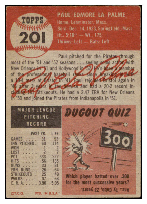 1953 Topps Baseball #201 Paul Lapalme Pirates EX-MT 504460