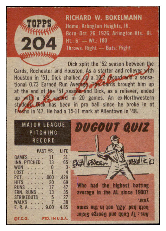 1953 Topps Baseball #204 Dick Bokelmann Cardinals EX-MT 504462