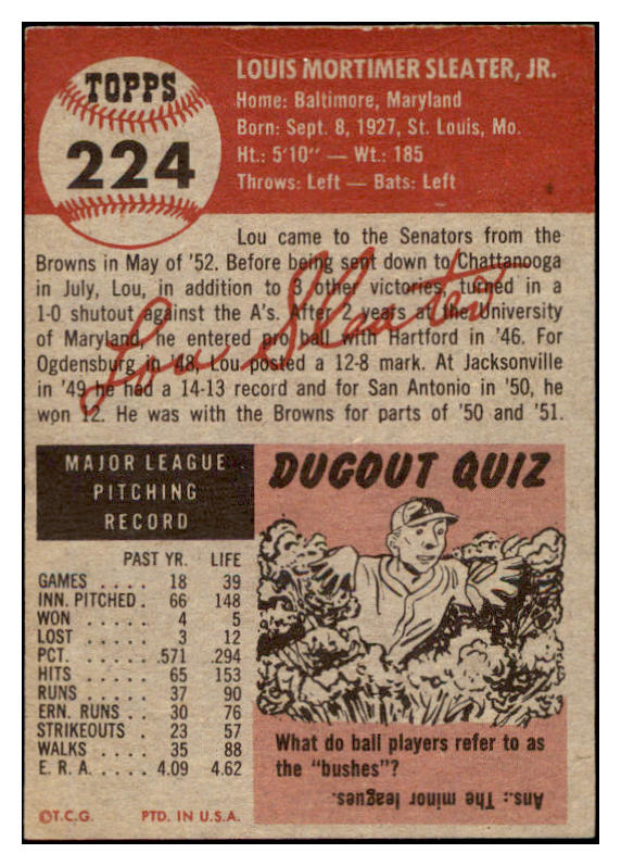 1953 Topps Baseball #224 Lou Sleater Senators EX-MT 504467