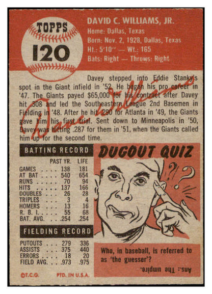 1953 Topps Baseball #120 Davey Williams Giants NR-MT 504492