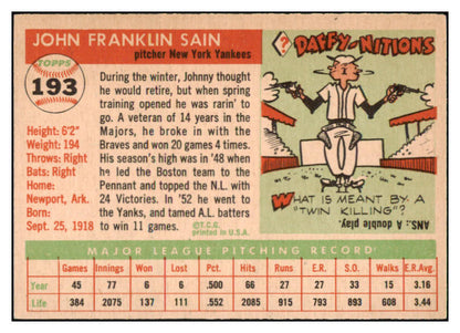 1955 Topps Baseball #193 Johnny Sain Yankees EX-MT 504575