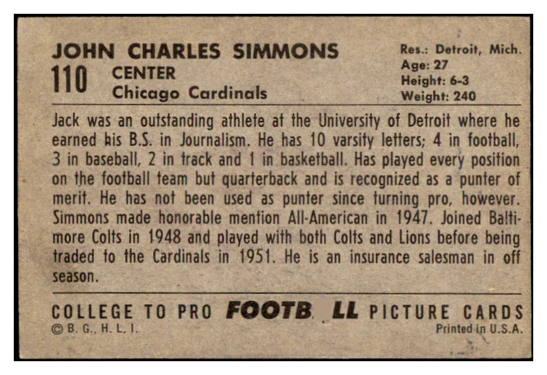1952 Bowman Large Football #110 Jack Simmons Cardinals VG-EX 504681
