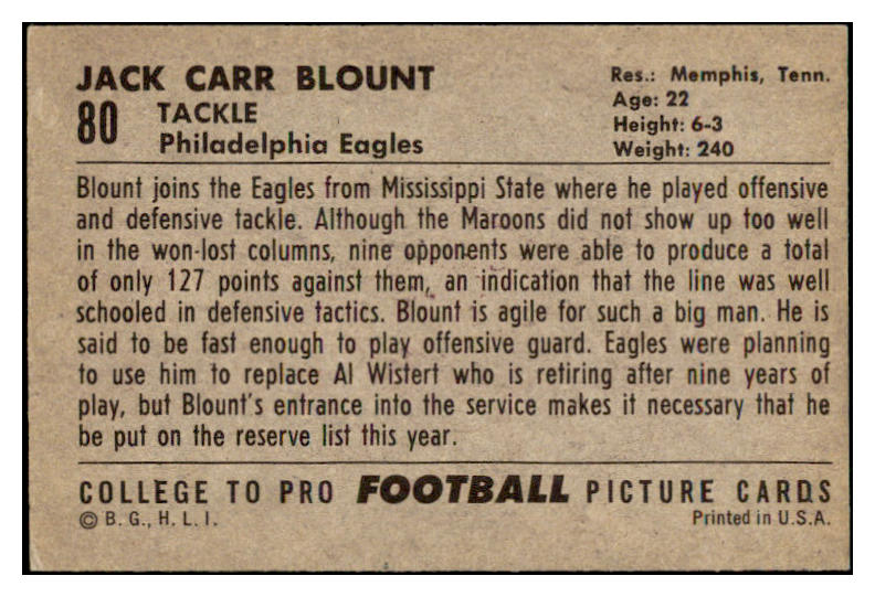 1952 Bowman Large Football #080 Jack Blount Eagles EX 504683