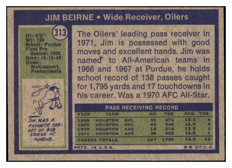 1972 Topps Football #313 Jim Beirne Oilers EX-MT 504739