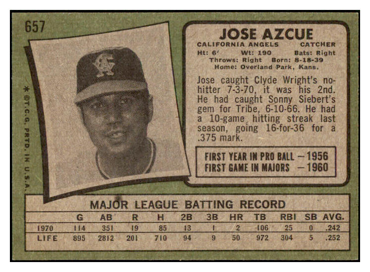 1971 Topps Baseball #657 Jose Azcue Angels NR-MT 504779