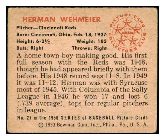 1950 Bowman Baseball #027 Herman Wehmeier Reds VG 505010