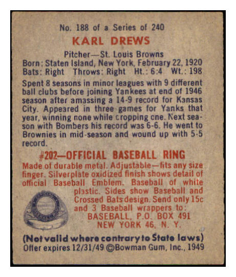 1949 Bowman Baseball #188 Karl Drews Browns EX-MT 505038