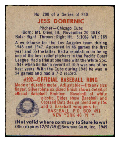 1949 Bowman Baseball #200 Jess Dobernic Cubs EX-MT 505089