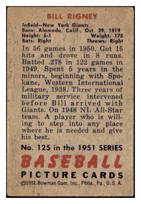 1951 Bowman Baseball #125 Bill Rigney Giants VG-EX 505150