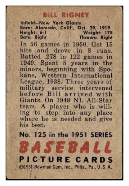 1951 Bowman Baseball #125 Bill Rigney Giants VG-EX 505150