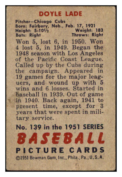 1951 Bowman Baseball #139 Doyle Lade Cubs VG-EX 505159