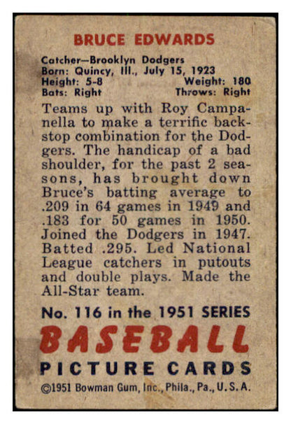 1951 Bowman Baseball #116 Bruce Edwards Dodgers VG-EX 505161