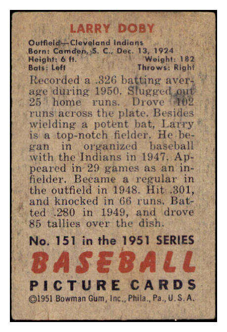 1951 Bowman Baseball #151 Larry Doby Indians VG-EX 505185