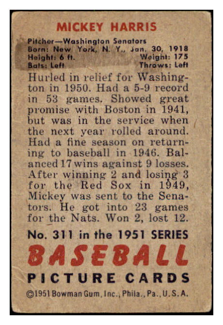 1951 Bowman Baseball #311 Mickey Harris Senators VG 505234