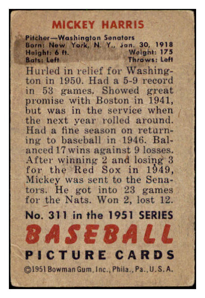 1951 Bowman Baseball #311 Mickey Harris Senators VG 505234