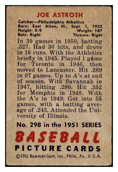 1951 Bowman Baseball #298 Joe Astroth A's VG-EX 505256