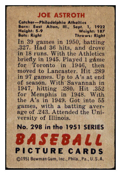 1951 Bowman Baseball #298 Joe Astroth A's VG-EX 505256