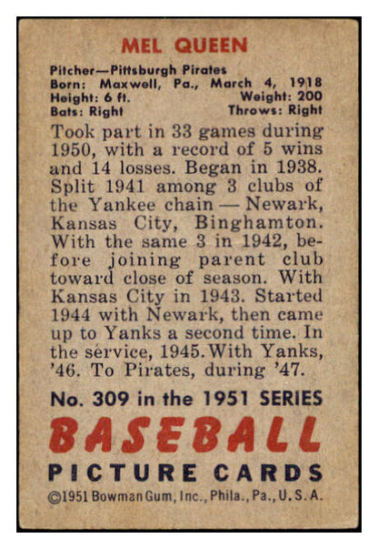 1951 Bowman Baseball #309 Mel Queen Pirates VG-EX 505259
