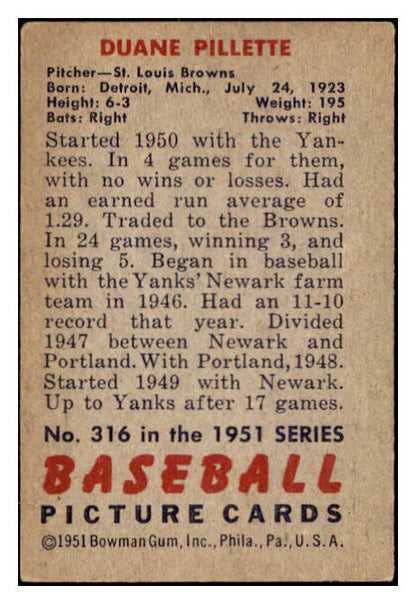 1951 Bowman Baseball #316 Duane Pillette Browns EX 505279