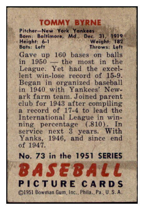 1951 Bowman Baseball #073 Tommy Byrne Yankees EX-MT 505296