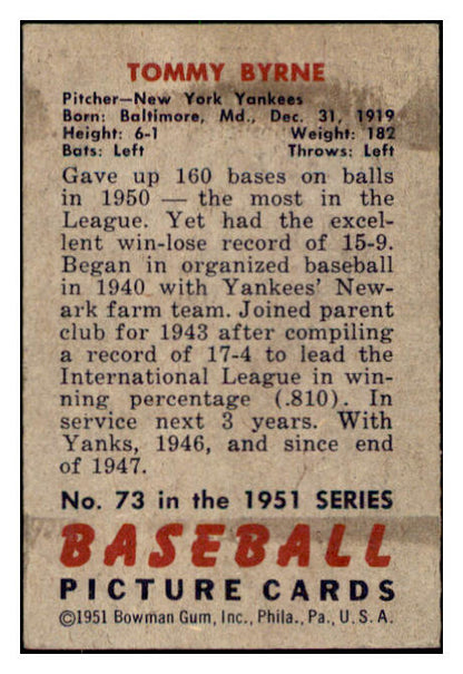 1951 Bowman Baseball #073 Tommy Byrne Yankees EX-MT 505296