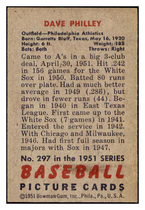 1951 Bowman Baseball #297 Dave Philley A's EX 505314