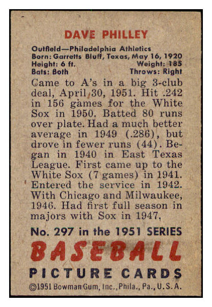 1951 Bowman Baseball #297 Dave Philley A's EX 505314