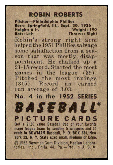 1952 Bowman Baseball #004 Robin Roberts Phillies EX 505326
