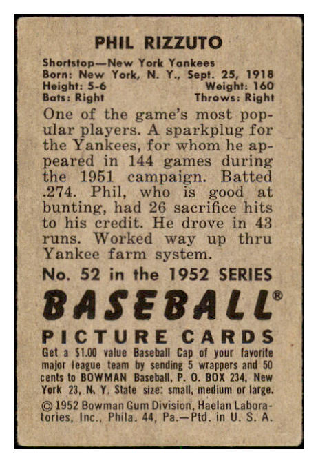1952 Bowman Baseball #052 Phil Rizzuto Yankees EX 505338