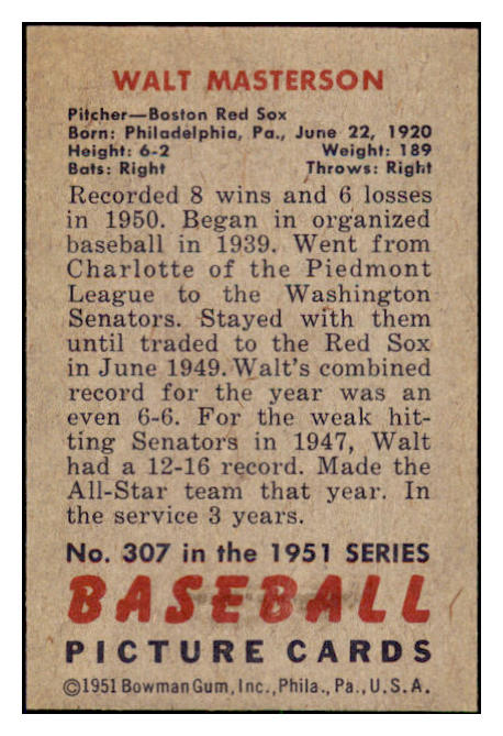 1951 Bowman Baseball #307 Walt Masterson Red Sox EX-MT 505351