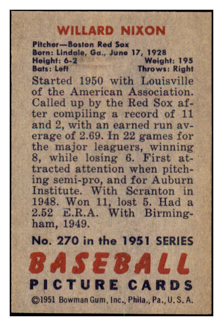 1951 Bowman Baseball #270 Willard Nixon Red Sox NR-MT 505362