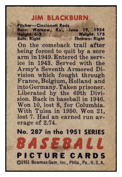 1951 Bowman Baseball #287 Jim Blackburn Reds NR-MT 505364