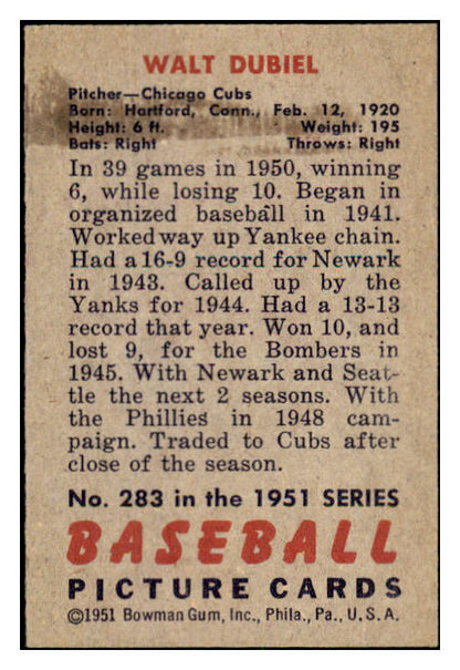 1951 Bowman Baseball #283 Walt Dubiel Cubs NR-MT 505365