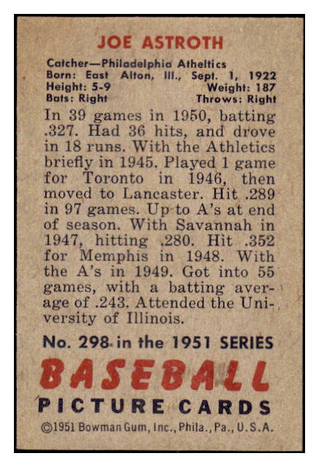 1951 Bowman Baseball #298 Joe Astroth A's NR-MT 505366
