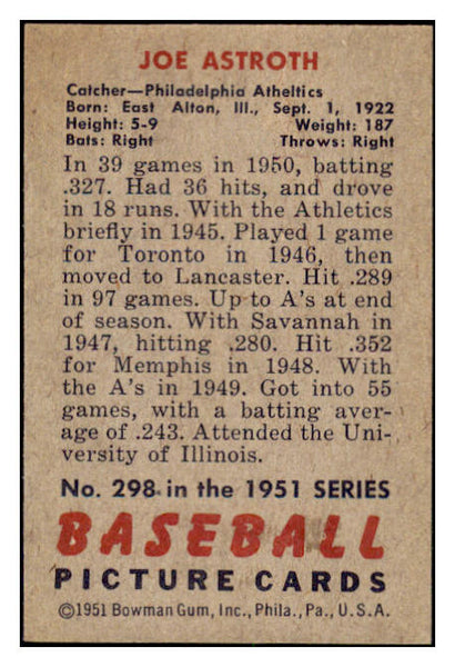 1951 Bowman Baseball #298 Joe Astroth A's NR-MT 505366