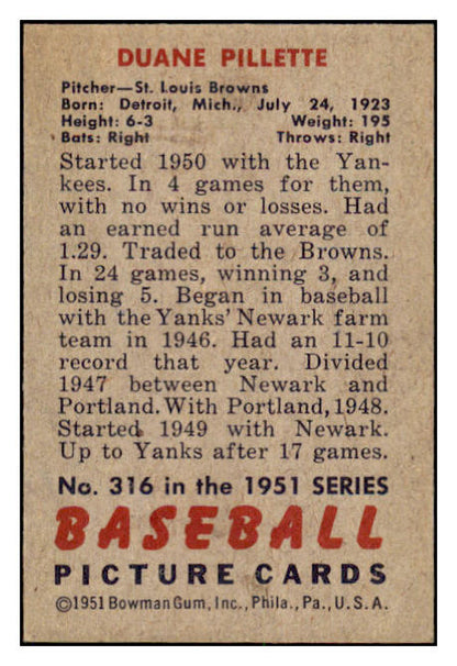 1951 Bowman Baseball #316 Duane Pillette Browns NR-MT 505372