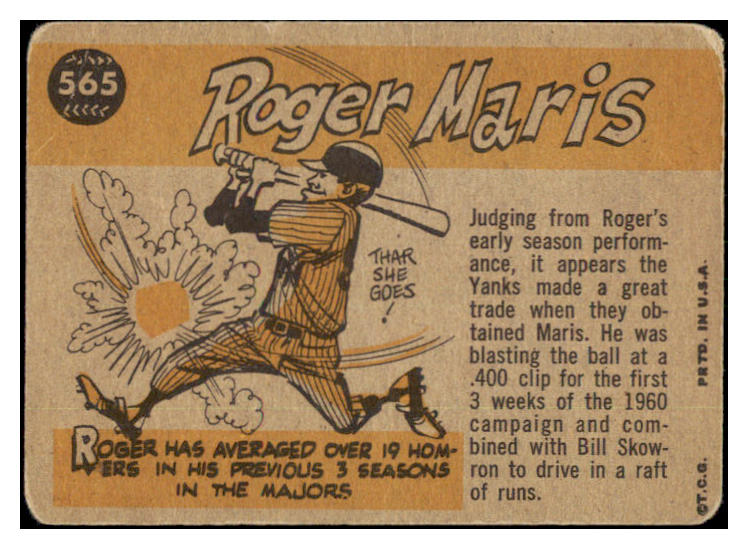 1960 Topps Baseball #565 Roger Maris A.S. Yankees VG 505470