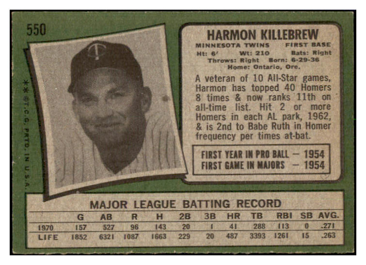 1971 Topps Baseball #550 Harmon Killebrew Twins EX 505588