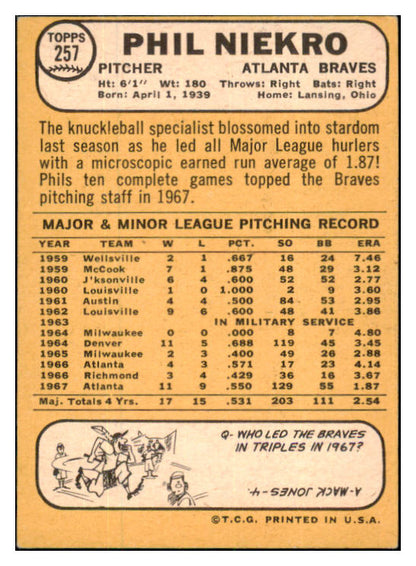 1968 Topps Baseball #257 Phil Niekro Braves EX-MT 505688