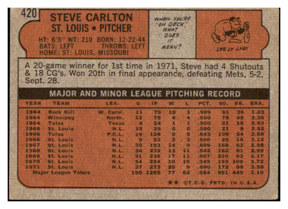 1972 Topps Baseball #420 Steve Carlton Cardinals VG-EX 505774