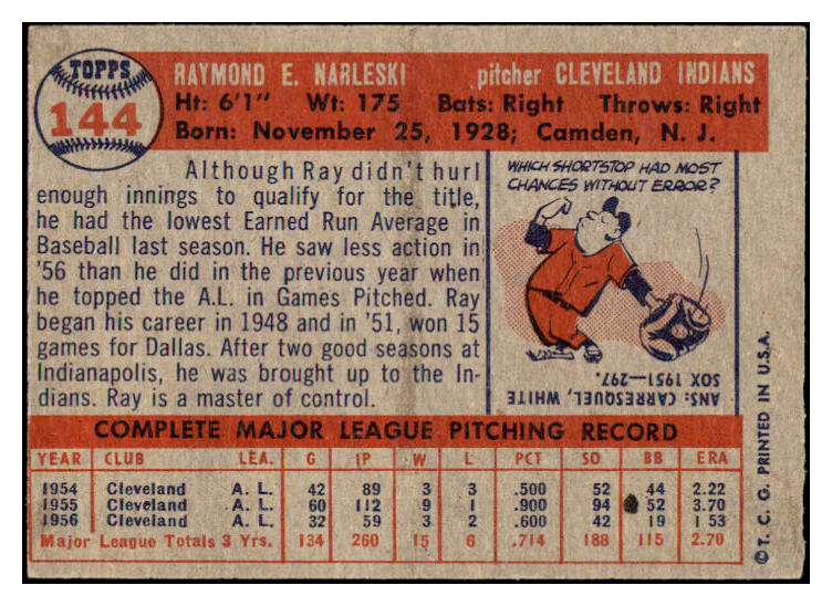 1957 Topps Baseball #144 Ray Narleski Indians EX-MT 506033