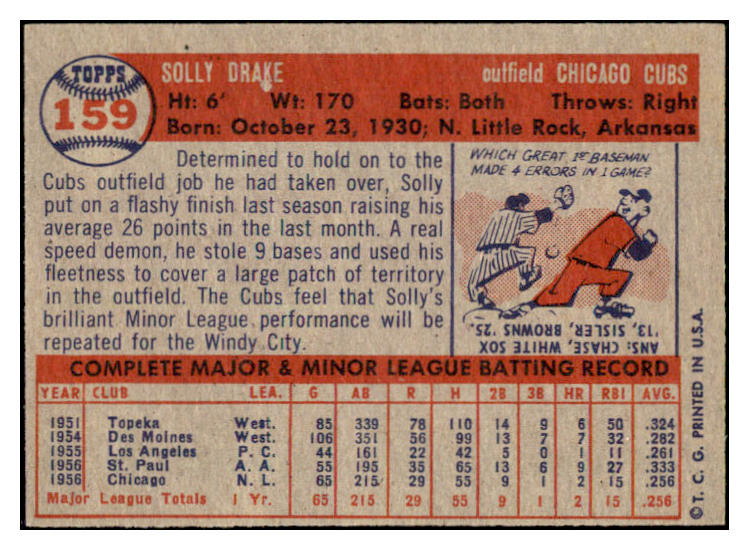1957 Topps Baseball #159 Solly Drake Cubs EX-MT 506038