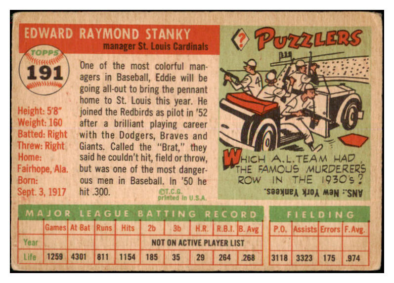 1955 Topps Baseball #191 Eddie Stanky Cardinals GD-VG 506496