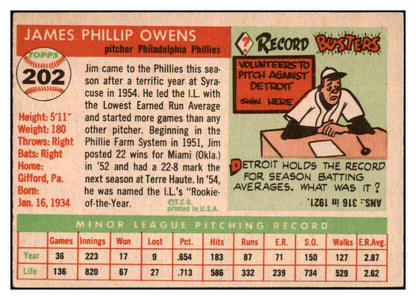 1955 Topps Baseball #202 Jim Owens Phillies VG-EX 506575