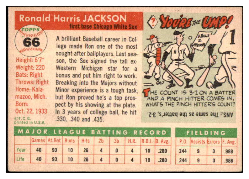 1955 Topps Baseball #066 Ron Jackson White Sox VG-EX 506577